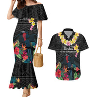 Kiribati Independence Day Couples Matching Mermaid Dress and Hawaiian Shirt Frigatebird Mix Tropical Flowers - Black Style LT14 Black - Polynesian Pride