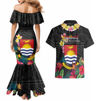 Kiribati Independence Day Couples Matching Mermaid Dress and Hawaiian Shirt Frigatebird Mix Tropical Flowers - Black Style LT14 - Polynesian Pride