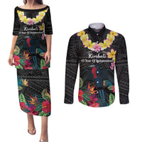 Kiribati Independence Day Couples Matching Puletasi and Long Sleeve Button Shirt Frigatebird Mix Tropical Flowers - Black Style LT14 Black - Polynesian Pride