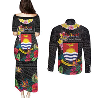 Kiribati Independence Day Couples Matching Puletasi and Long Sleeve Button Shirt Frigatebird Mix Tropical Flowers - Black Style LT14 - Polynesian Pride