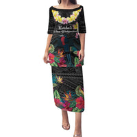 Kiribati Independence Day Puletasi Frigatebird Mix Tropical Flowers - Black Style LT14 Long Dress Black - Polynesian Pride