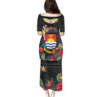 Kiribati Independence Day Puletasi Frigatebird Mix Tropical Flowers - Black Style LT14 - Polynesian Pride