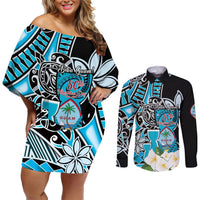 Personalised Guam Liberation Day Couples Matching Off Shoulder Short Dress and Long Sleeve Button Shirt 80th Anniversary Chamorro Latte Stone With Guasali Flowers LT14 Blue - Polynesian Pride