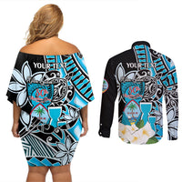 Personalised Guam Liberation Day Couples Matching Off Shoulder Short Dress and Long Sleeve Button Shirt 80th Anniversary Chamorro Latte Stone With Guasali Flowers LT14 - Polynesian Pride