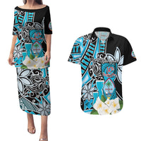 Personalised Guam Liberation Day Couples Matching Puletasi and Hawaiian Shirt 80th Anniversary Chamorro Latte Stone With Guasali Flowers LT14 Blue - Polynesian Pride
