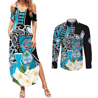 Personalised Guam Liberation Day Couples Matching Summer Maxi Dress and Long Sleeve Button Shirt 80th Anniversary Chamorro Latte Stone With Guasali Flowers LT14 Blue - Polynesian Pride