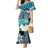 Personalised Guam Liberation Day Mermaid Dress 80th Anniversary Chamorro Latte Stone With Guasali Flowers LT14 Women Blue - Polynesian Pride