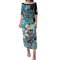 Personalised Guam Liberation Day Puletasi 80th Anniversary Chamorro Latte Stone With Guasali Flowers LT14 Long Dress Blue - Polynesian Pride