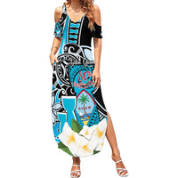 Personalised Guam Liberation Day Summer Maxi Dress 80th Anniversary Chamorro Latte Stone With Guasali Flowers LT14 Women Blue - Polynesian Pride