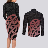 New Zealand Mangopare Tamanako Couples Matching Long Sleeve Bodycon Dress and Long Sleeve Button Shirt Aotearoa Maori