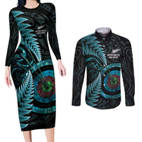 New Zealand Archery Couples Matching Long Sleeve Bodycon Dress and Long Sleeve Button Shirt Aotearoa Silver Fern Maori - Polynesian Pride