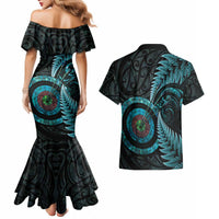 New Zealand Archery Couples Matching Mermaid Dress and Hawaiian Shirt Aotearoa Silver Fern Maori - Polynesian Pride