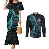 New Zealand Archery Couples Matching Mermaid Dress and Long Sleeve Button Shirt Aotearoa Silver Fern Maori - Polynesian Pride
