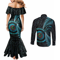 New Zealand Archery Couples Matching Mermaid Dress and Long Sleeve Button Shirt Aotearoa Silver Fern Maori - Polynesian Pride