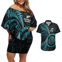 New Zealand Archery Couples Matching Off Shoulder Short Dress and Hawaiian Shirt Aotearoa Silver Fern Maori - Polynesian Pride