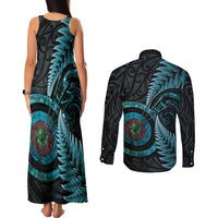 New Zealand Archery Couples Matching Tank Maxi Dress and Long Sleeve Button Shirt Aotearoa Silver Fern Maori - Polynesian Pride