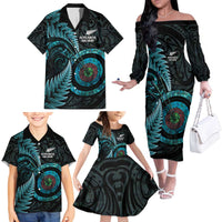 New Zealand Archery Family Matching Off The Shoulder Long Sleeve Dress and Hawaiian Shirt Aotearoa Silver Fern Maori - Polynesian Pride