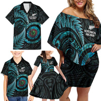 New Zealand Archery Family Matching Off Shoulder Short Dress and Hawaiian Shirt Aotearoa Silver Fern Maori - Polynesian Pride