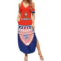 Fiji School Summer Maxi Dress Marist Brothers Fijian Tapa Pattern LT14 Women Blue - Polynesian Pride