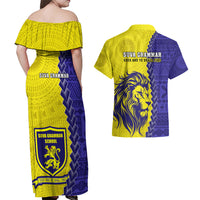 Fiji School Couples Matching Off Shoulder Maxi Dress and Hawaiian Shirt Suva Grammar Lions With Fijian Tapa LT14 - Polynesian Pride