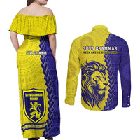 Fiji School Couples Matching Off Shoulder Maxi Dress and Long Sleeve Button Shirts Suva Grammar Lions With Fijian Tapa LT14 - Polynesian Pride