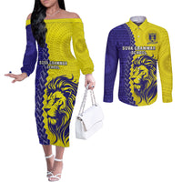Fiji School Couples Matching Off The Shoulder Long Sleeve Dress and Long Sleeve Button Shirts Suva Grammar Lions With Fijian Tapa LT14 Gold - Polynesian Pride