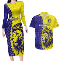 Custom Fiji School Couples Matching Long Sleeve Bodycon Dress and Hawaiian Shirt Suva Grammar Lions With Fijian Tapa LT14 Gold - Polynesian Pride