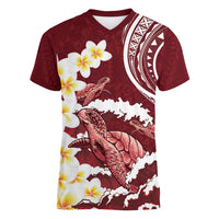 Blood Gold Polynesia Women V-Neck T-Shirt Polynesian Frangipani With Sea Turtles