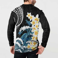 Black Polynesia Button Sweatshirt Polynesian Frangipani With Sea Turtles