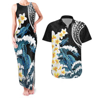 Black Polynesia Couples Matching Tank Maxi Dress and Hawaiian Shirt Polynesian Frangipani With Sea Turtles LT14 Black - Polynesian Pride