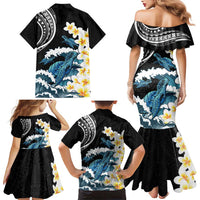 Black Polynesia Family Matching Mermaid Dress and Hawaiian Shirt Polynesian Frangipani With Sea Turtles