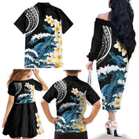 Black Polynesia Family Matching Off The Shoulder Long Sleeve Dress and Hawaiian Shirt Polynesian Frangipani With Sea Turtles