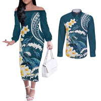 Dark Teal Polynesia Couples Matching Off The Shoulder Long Sleeve Dress and Long Sleeve Button Shirt Polynesian Frangipani With Sea Turtles
