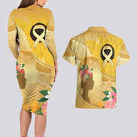 Polynesia Childhood Cancer Awareness Couples Matching Long Sleeve Bodycon Dress and Hawaiian Shirt Be Bold Go Gold Polynesian Art