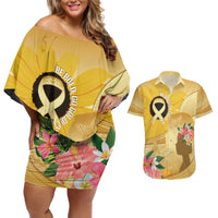 Polynesia Childhood Cancer Awareness Couples Matching Off Shoulder Short Dress and Hawaiian Shirt Be Bold Go Gold Polynesian Art