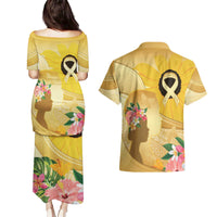 Polynesia Childhood Cancer Awareness Couples Matching Puletasi and Hawaiian Shirt Be Bold Go Gold Polynesian Art