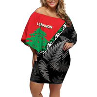 New Zealand And Lebanon Off Shoulder Short Dress Silver Fern Maori With Cedar Tree Together LT14 Women Red - Polynesian Pride