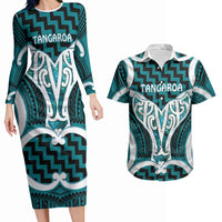 Aotearoa Atua Tangaroa Personalised Couples Matching Long Sleeve Bodycon Dress and Hawaiian Shirt God Of The Sea Maori Whale Tail Cyan