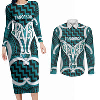 Aotearoa Atua Tangaroa Personalised Couples Matching Long Sleeve Bodycon Dress and Long Sleeve Button Shirt God Of The Sea Maori Whale Tail Cyan