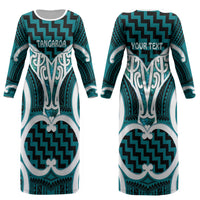 Aotearoa Atua Tangaroa Personalised Couples Matching Long Sleeve Bodycon Dress and Long Sleeve Button Shirt God Of The Sea Maori Whale Tail Cyan