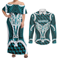 Aotearoa Atua Tangaroa Personalised Couples Matching Off Shoulder Maxi Dress and Long Sleeve Button Shirt God Of The Sea Maori Whale Tail Cyan