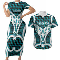 Aotearoa Atua Tangaroa Personalised Couples Matching Short Sleeve Bodycon Dress and Hawaiian Shirt God Of The Sea Maori Whale Tail Cyan