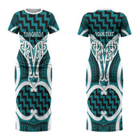 Aotearoa Atua Tangaroa Personalised Couples Matching Short Sleeve Bodycon Dress and Long Sleeve Button Shirt God Of The Sea Maori Whale Tail Cyan