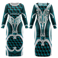 Aotearoa Atua Tangaroa Personalised Family Matching Long Sleeve Bodycon Dress and Hawaiian Shirt God Of The Sea Maori Whale Tail Cyan