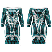 Aotearoa Atua Tangaroa Personalised Family Matching Off The Shoulder Long Sleeve Dress and Hawaiian Shirt God Of The Sea Maori Whale Tail Cyan
