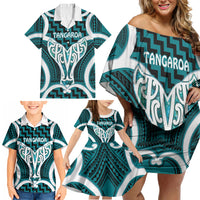 Aotearoa Atua Tangaroa Personalised Family Matching Off Shoulder Short Dress and Hawaiian Shirt God Of The Sea Maori Whale Tail Cyan
