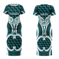 Aotearoa Atua Tangaroa Personalised Family Matching Short Sleeve Bodycon Dress and Hawaiian Shirt God Of The Sea Maori Whale Tail Cyan