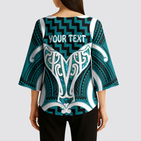 Aotearoa Atua Tangaroa Personalised Kimono Sleeve Blouse God Of The Sea Maori Whale Tail Cyan