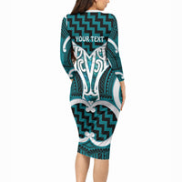Aotearoa Atua Tangaroa Personalised Long Sleeve Bodycon Dress God Of The Sea Maori Whale Tail Cyan