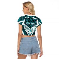 Aotearoa Atua Tangaroa Personalised Raglan Cropped T Shirt God Of The Sea Maori Whale Tail Cyan